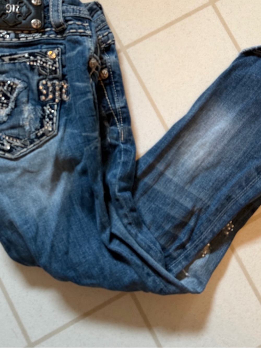 Miss Me Dark Blue Embellished Cropped Jeans